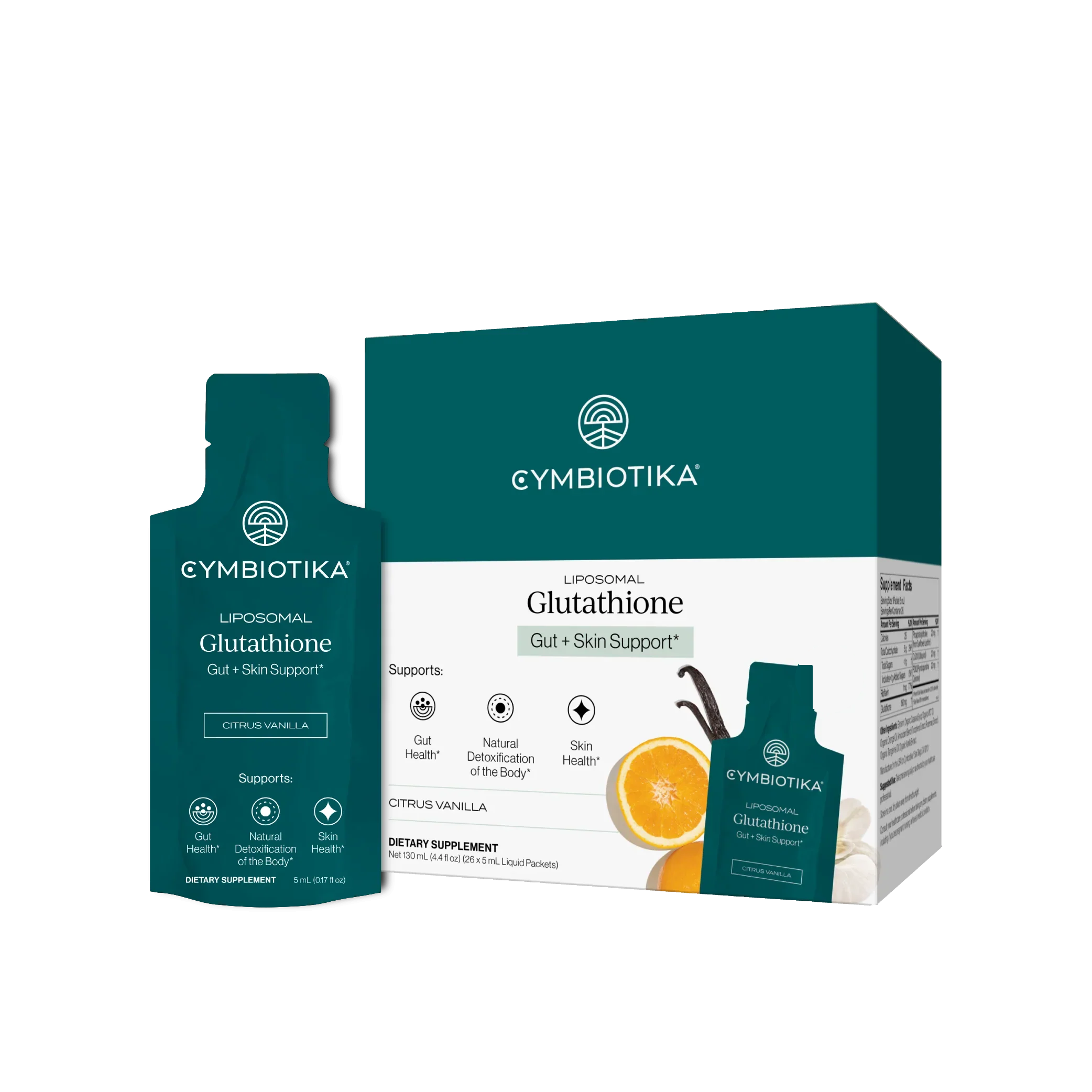 Cymbiotika Liposomal Glutathione – box and sachet, Citrus Vanilla